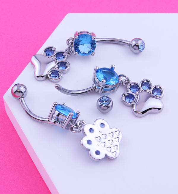 Paw Print Dangle Aqua CZ Stainless Steel Belly Button Ring