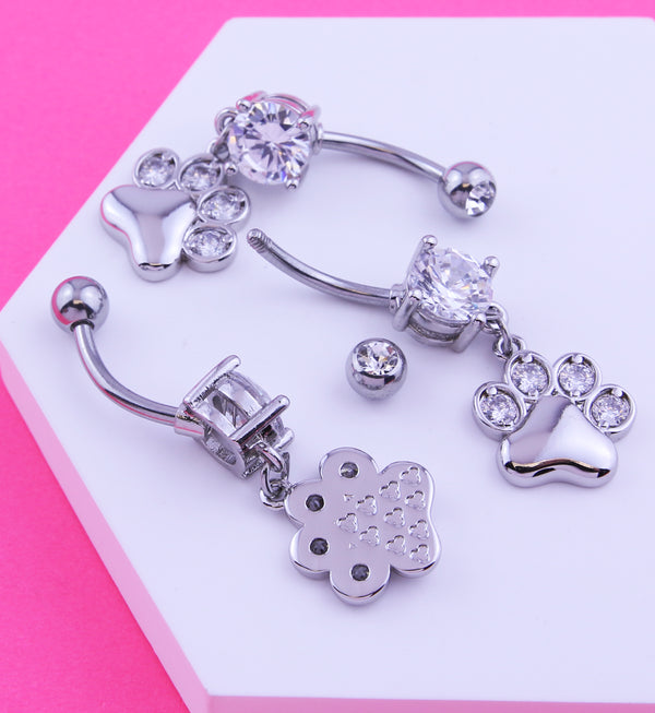 Paw Print Dangle Clear CZ Stainless Steel Belly Button Ring