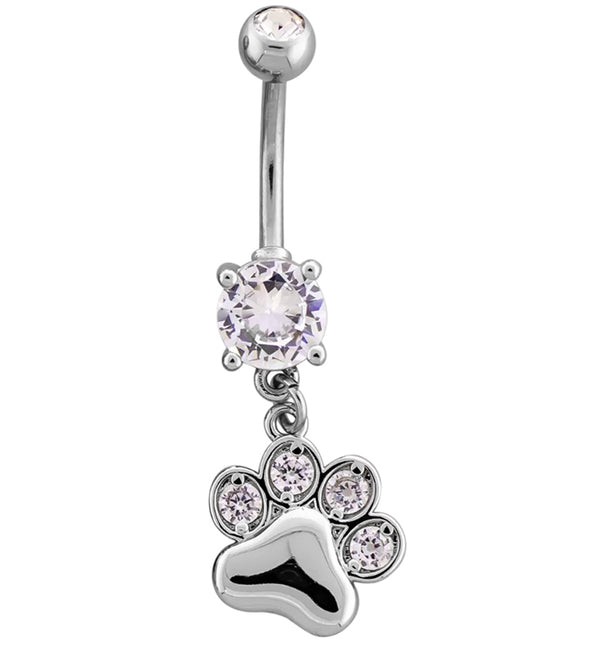 Paw Print Dangle Clear CZ Stainless Steel Belly Button Ring