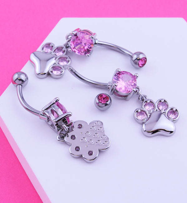 Paw Print Dangle Pink CZ Stainless Steel Belly Button Ring