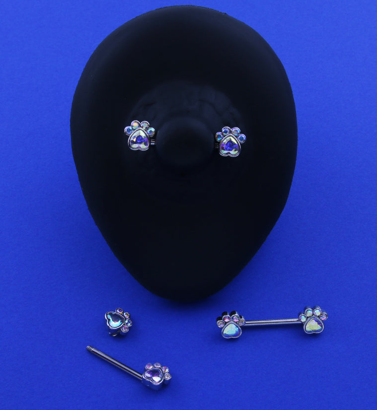 Paw Print Rainbow Aurora CZ Stainless Steel Nipple Barbell