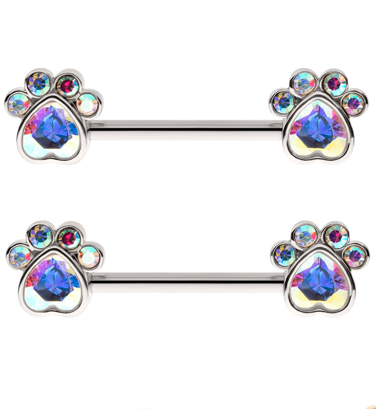 Paw Print Rainbow Aurora CZ Stainless Steel Nipple Barbell