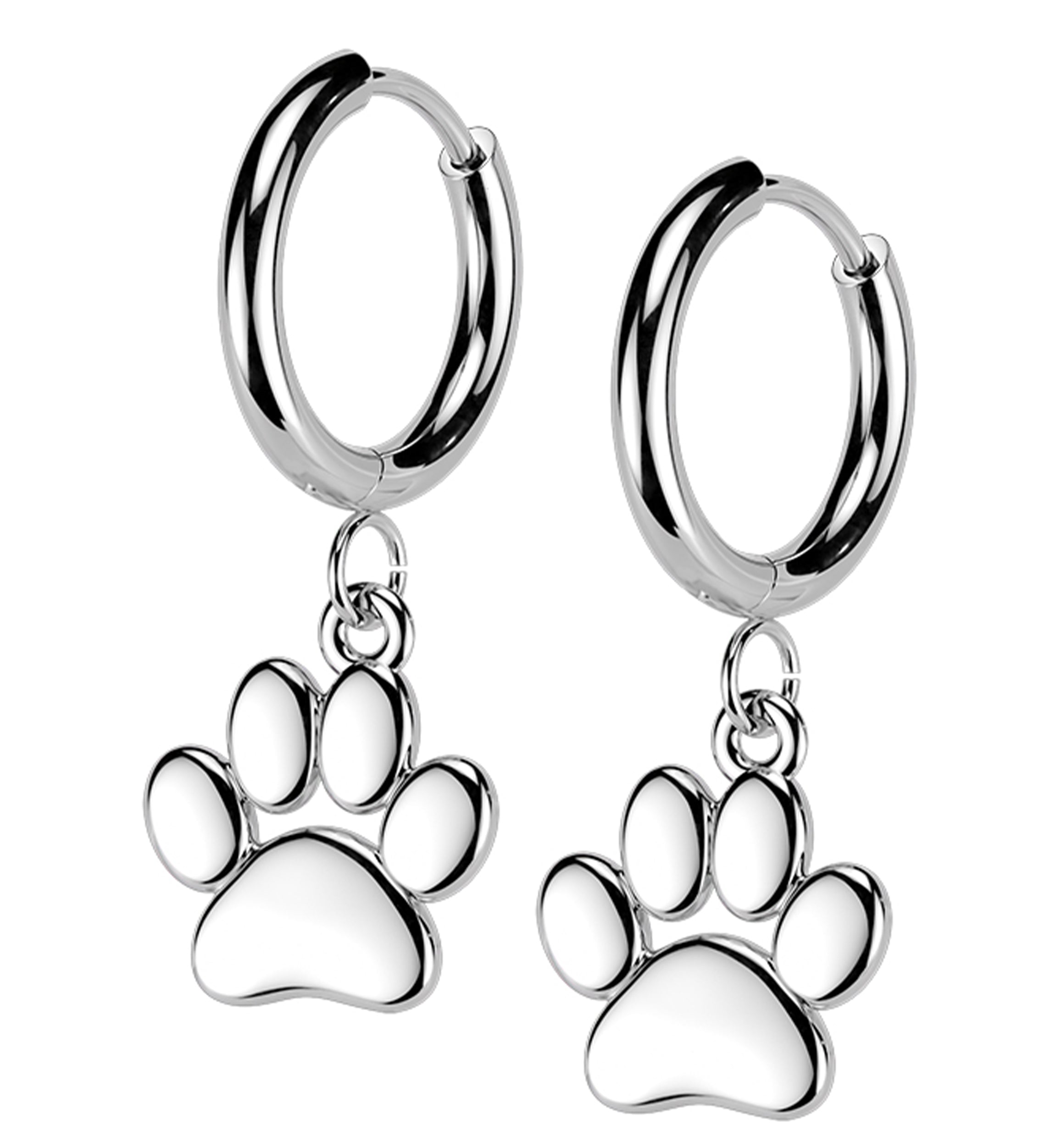 Paw Print Stainless Steel Hinged Hoop Huggie Dangle Earrings