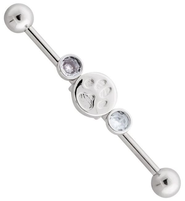 Paw Print Clear CZ Stainless Steel Industrial Barbell