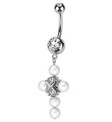 Pearl Cross CZ Dangle Stainless Steel Belly Button Ring