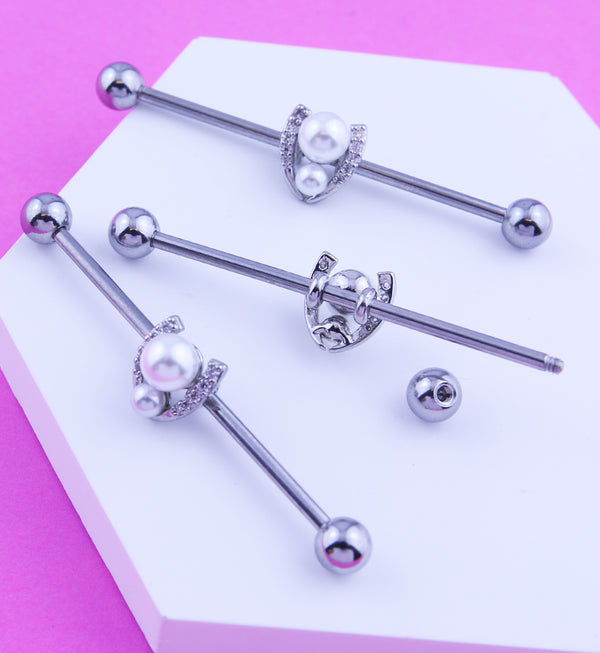 Pearl Horseshoe Clear CZ Stainless Steel Industrial Barbell