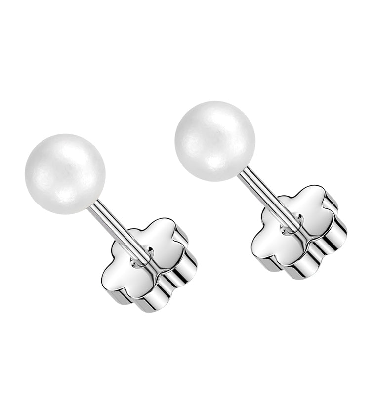 Pearl Stainless Steel Flower Back Stud Earrings
