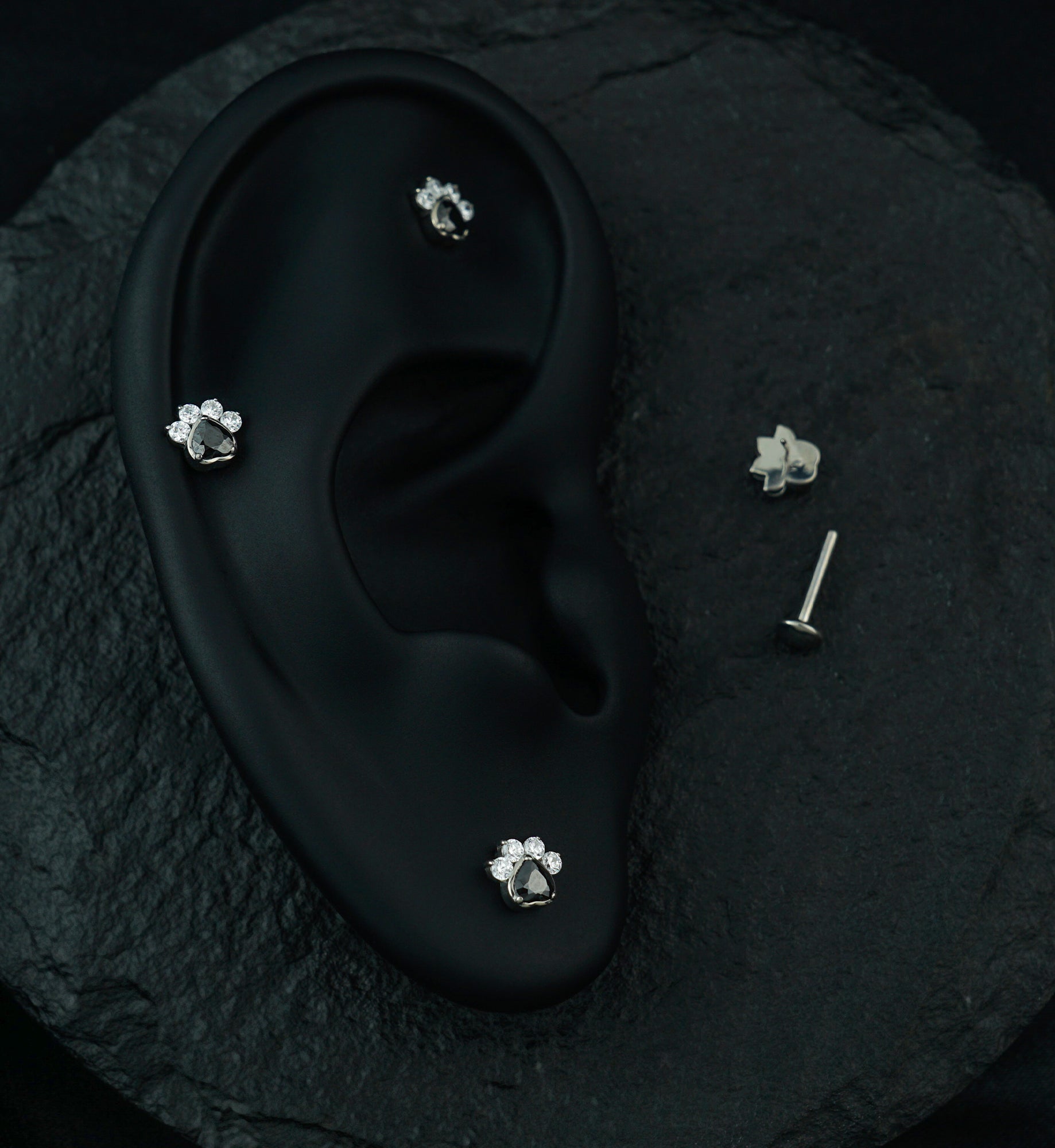 Pet Paw Clear And Black CZ Threadless Titanium Labret
