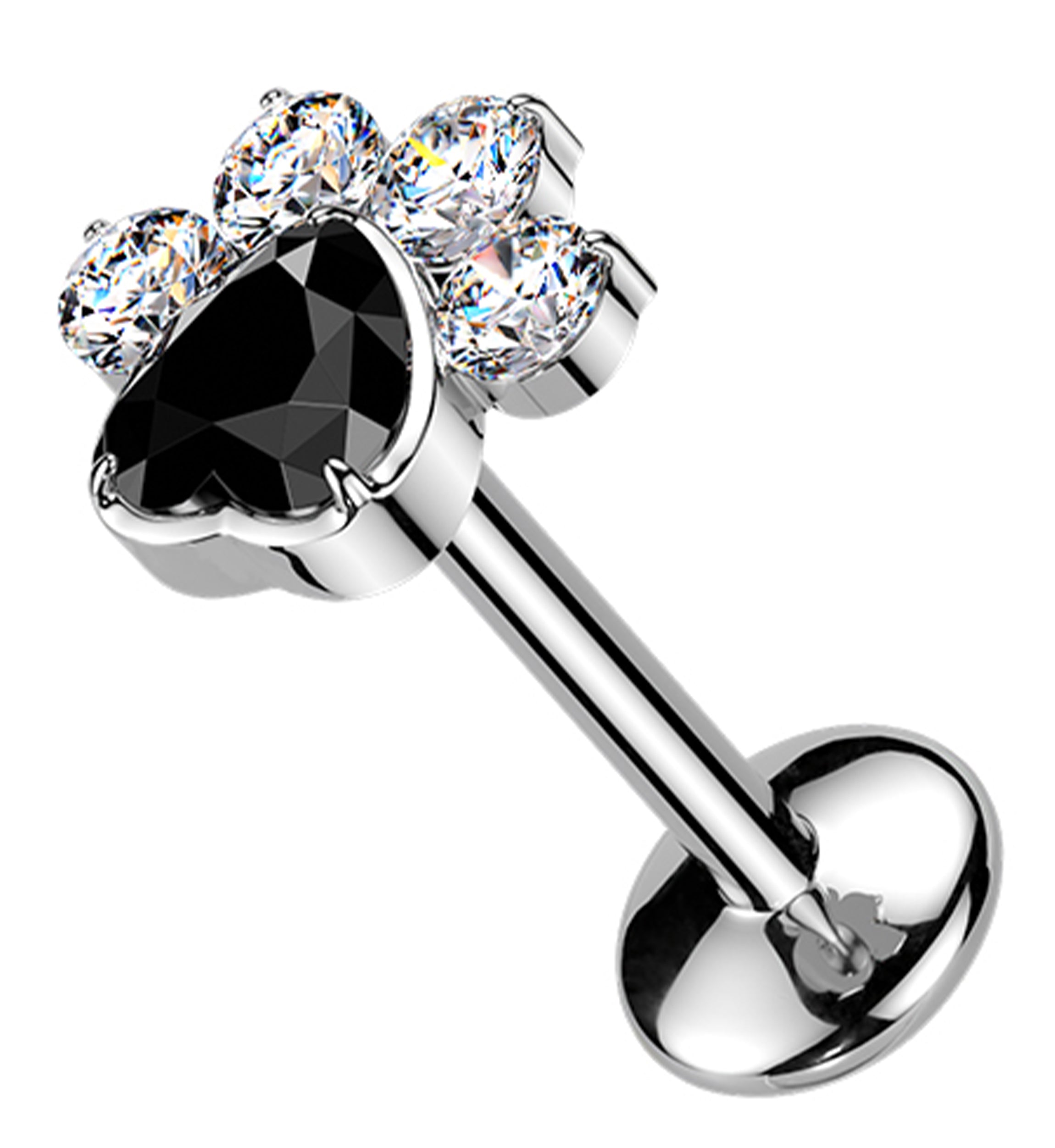 Pet Paw Clear And Black CZ Threadless Titanium Labret