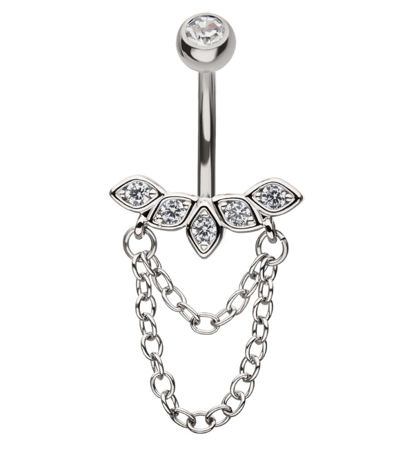 Petal Arch Clear CZ Double Dangle Chain Stainless Steel Belly Button Ring