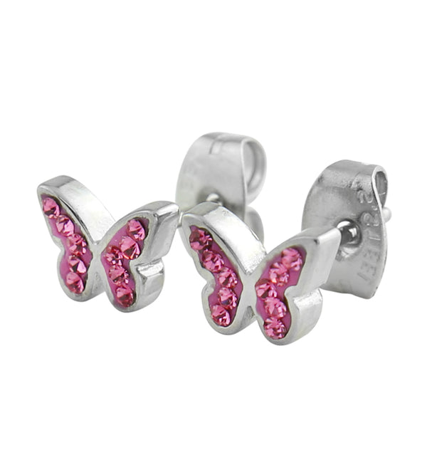 Butterfly Hot Pink CZ Stainless Steel Stud Earrings