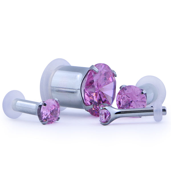 Pink CZ Stainless Steel Single Flare Plugs