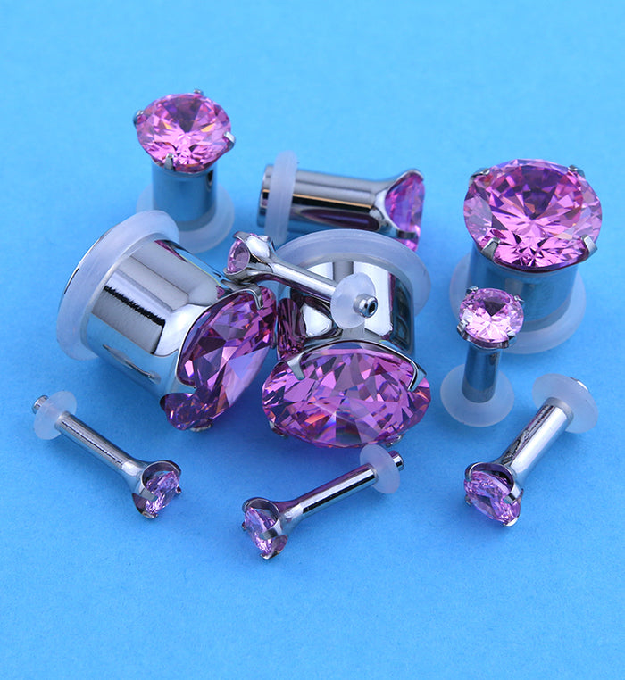 Pink Bling CZ Diamond Steel Single Flare Plugs (10G - 00G ...