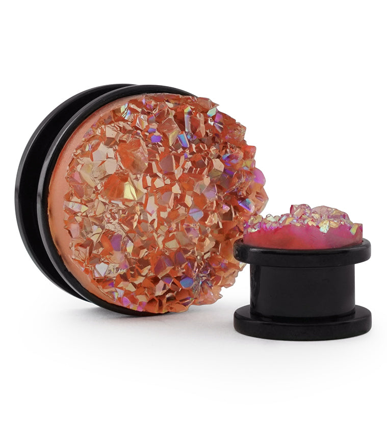 Black PVD Stainless Steel Plugs With Pink Druzy Inlay