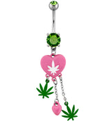 Pink Hemp Leaf Heart Dangle Stainless Steel Belly Button Ring