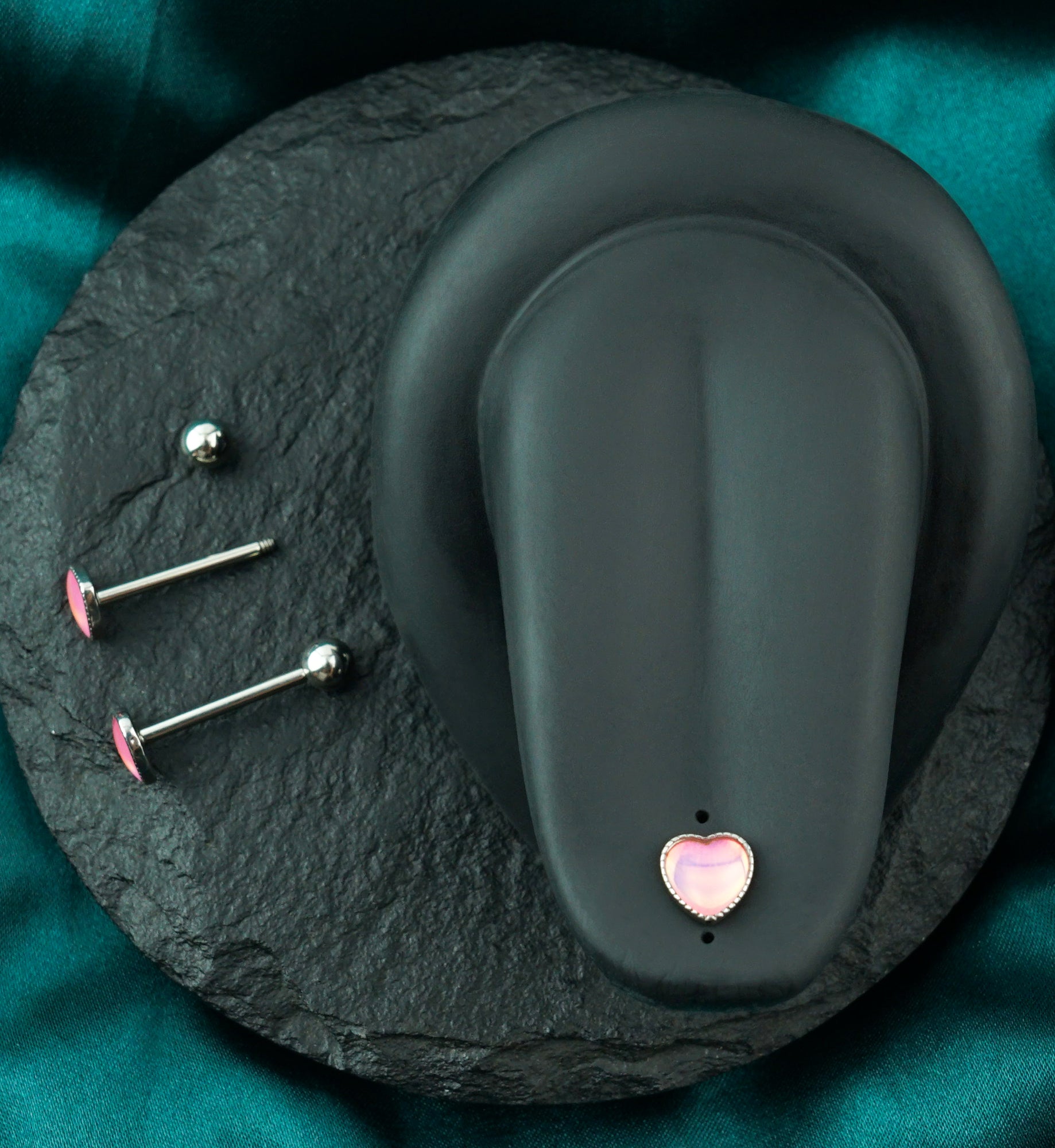 Pink Iridescent Heart Stainless Steel Barbell