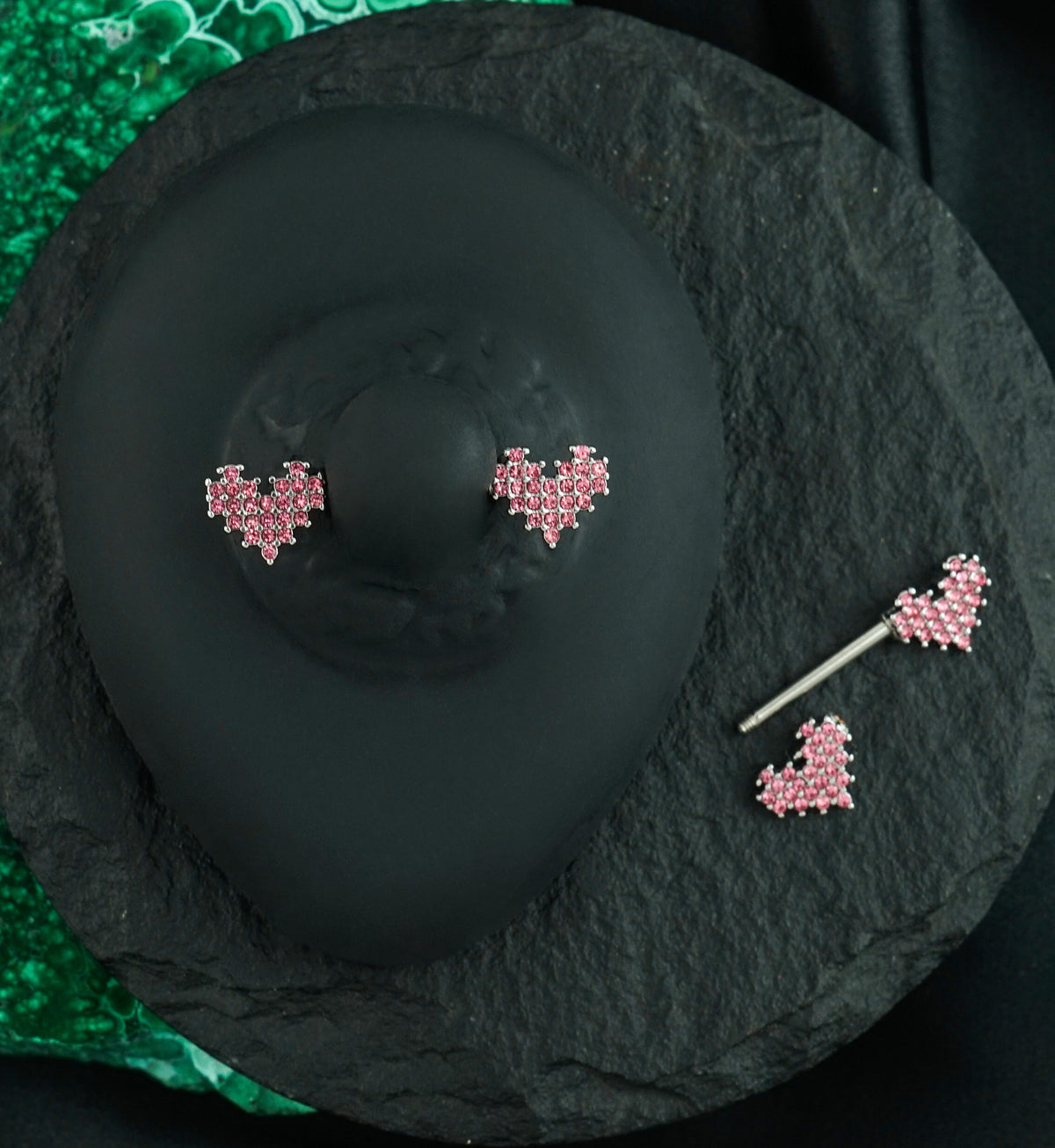 Pink Pixel CZ Hearts Stainless Steel Nipple Barbell