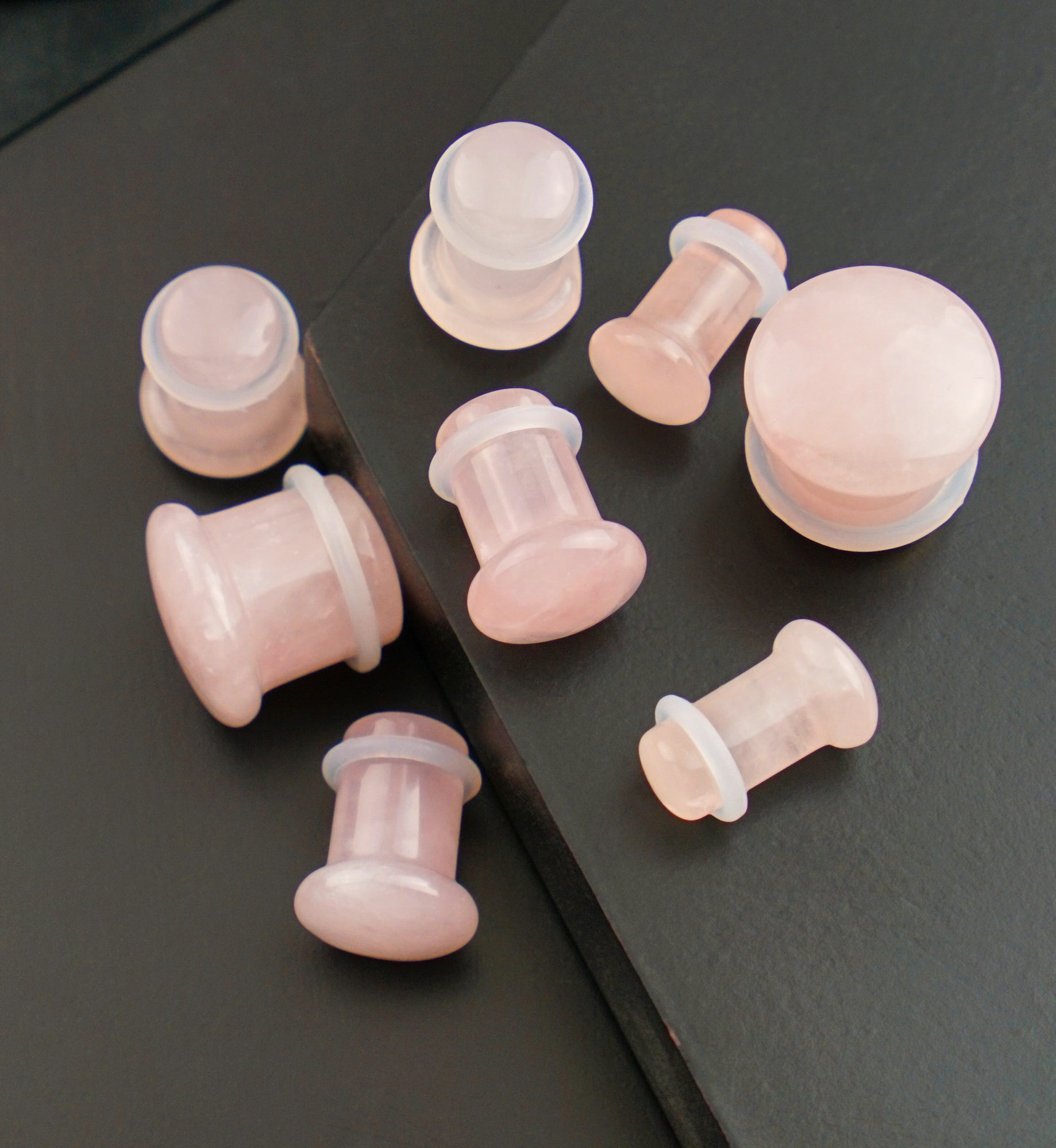 Pink Rose Quartz Stone Plugs - Single Flare with Grooves