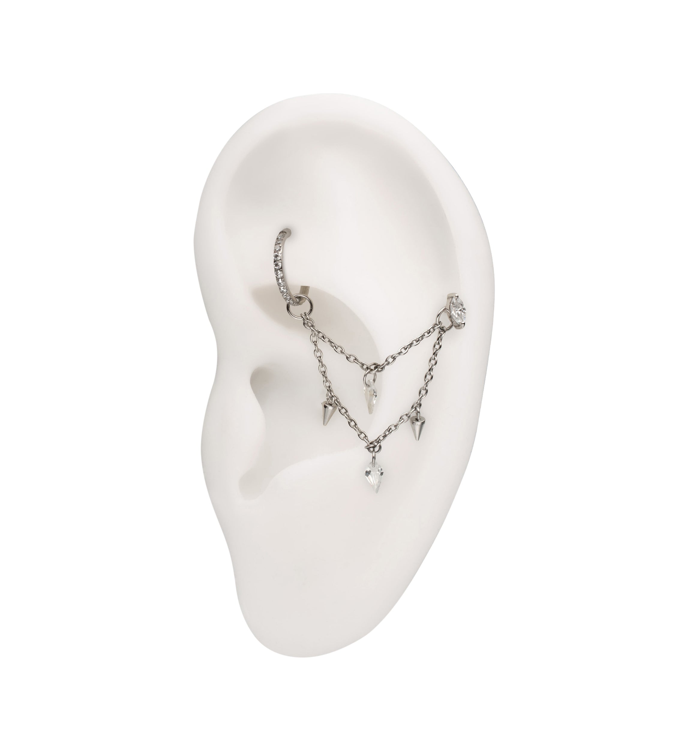 Platinum PVD Cone and Dart CZ Dangle Titanium Double Connecting Piercing Chain