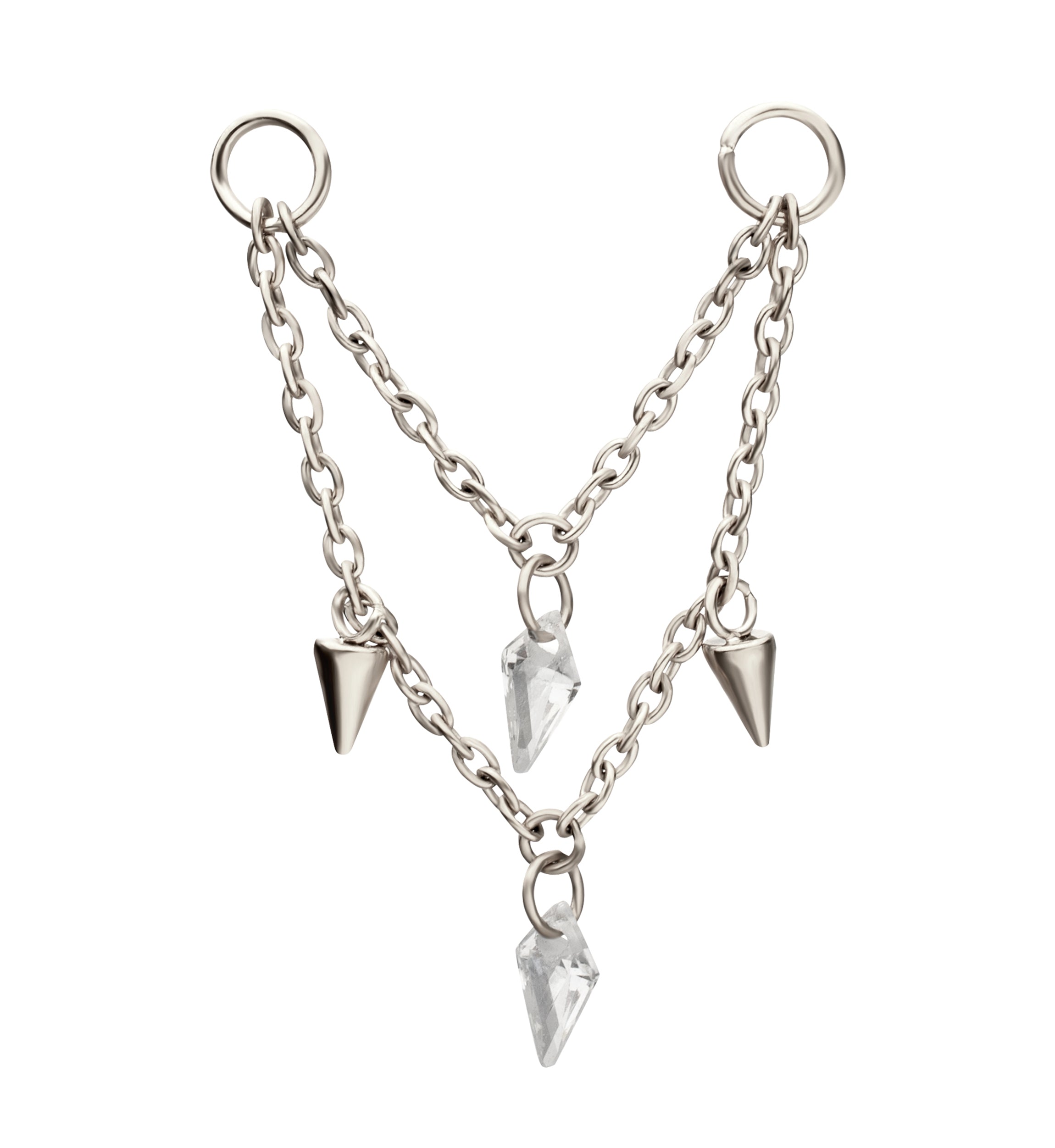 Platinum PVD Cone and Dart CZ Dangle Titanium Double Connecting Piercing Chain