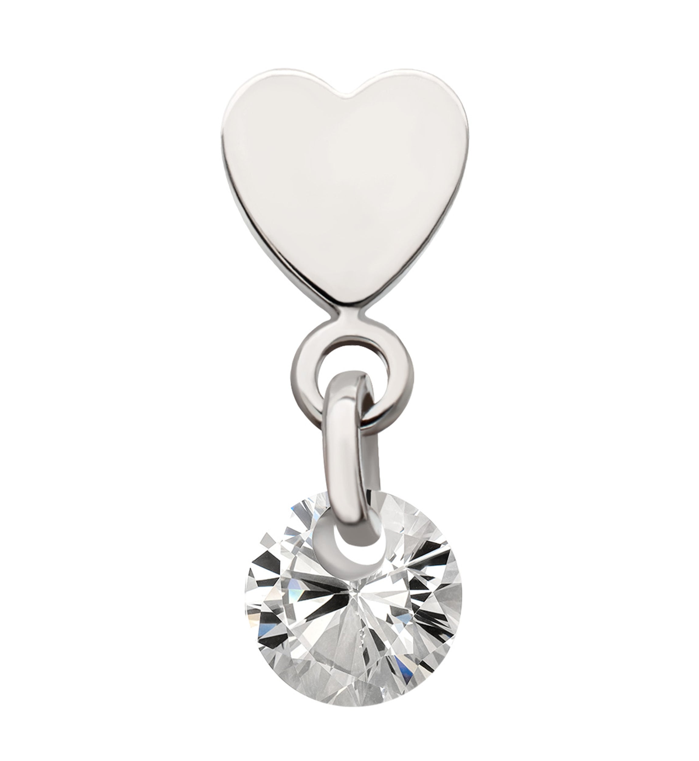 Platinum PVD Heart With Clear CZ Dangle Titanium Threadless Top