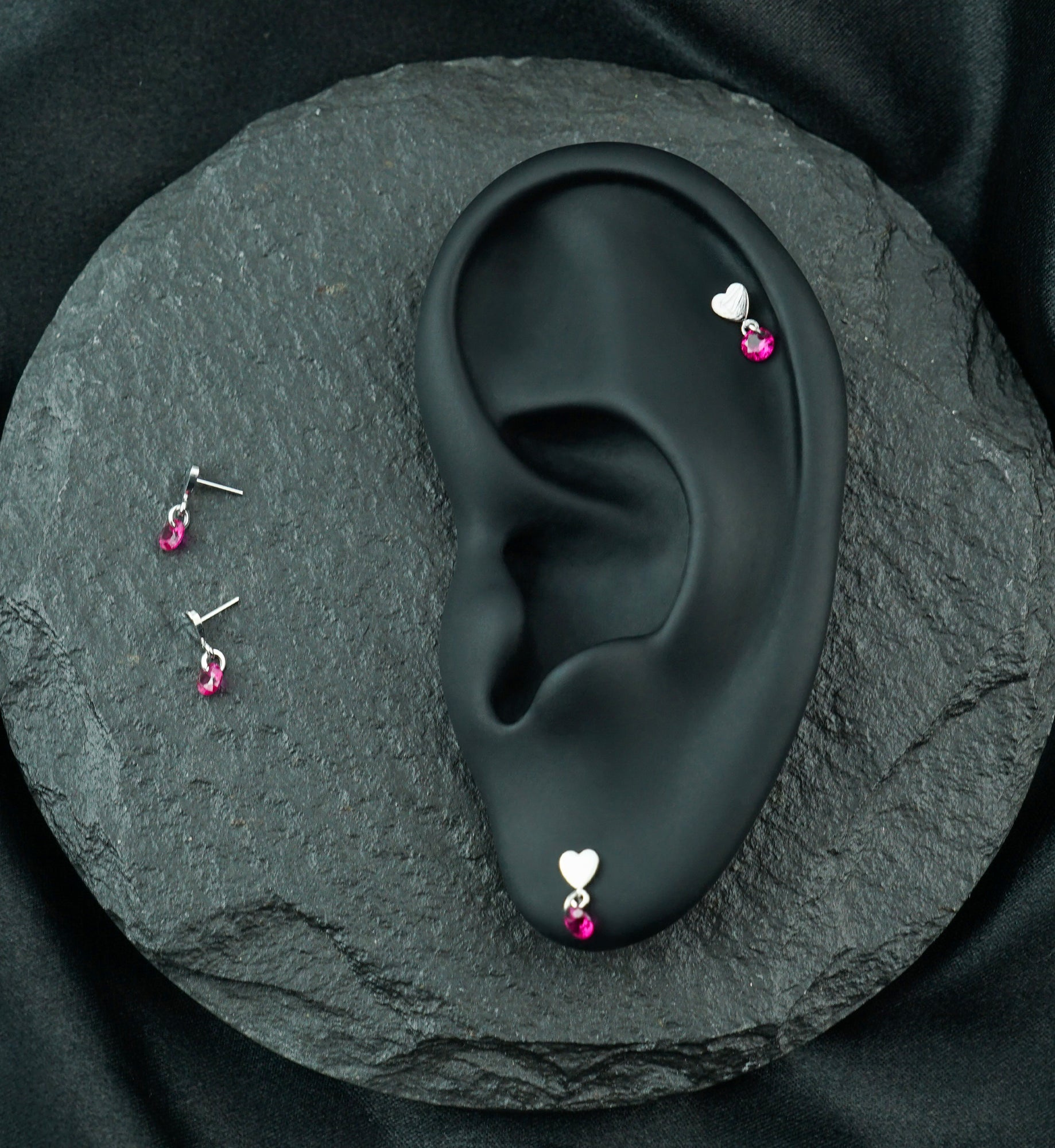 Platinum PVD Heart With Fuchsia CZ Dangle Titanium Threadless Top