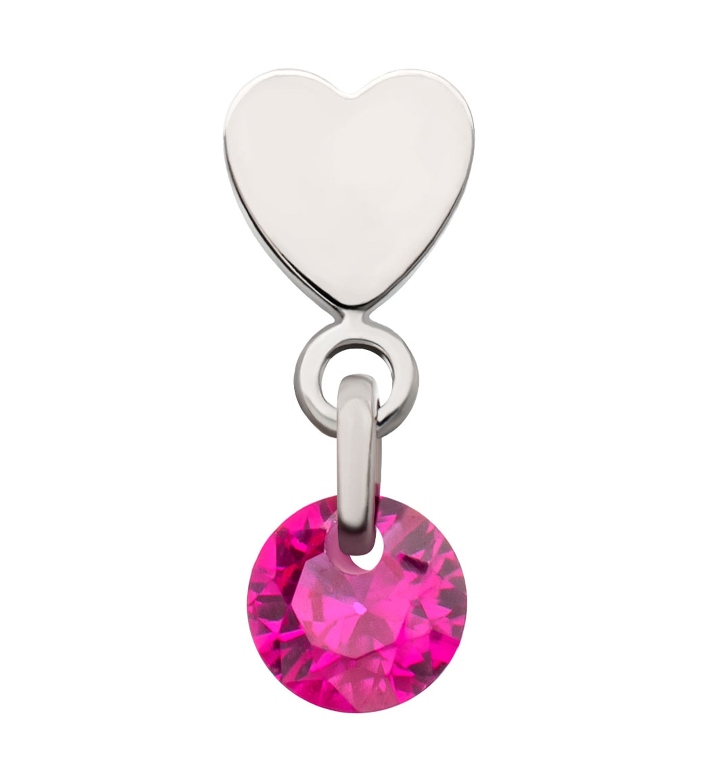 Platinum PVD Heart With Fuchsia CZ Dangle Titanium Threadless Top