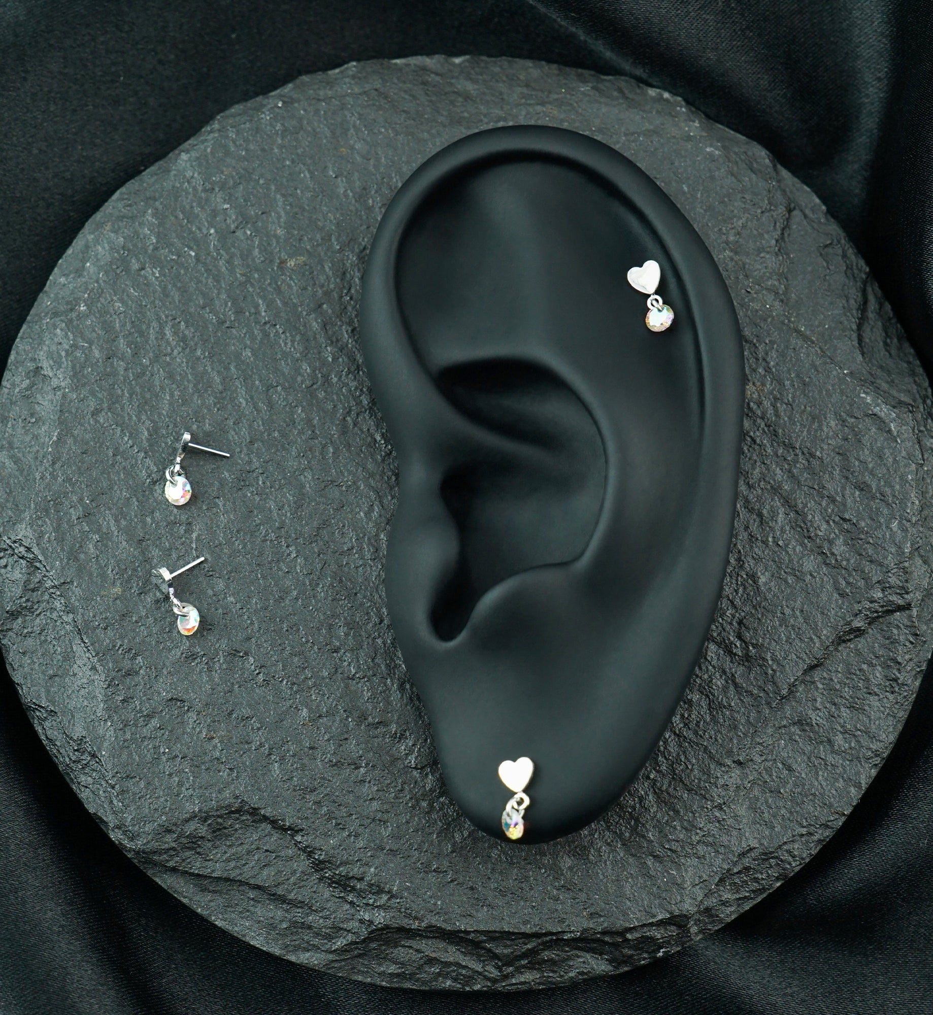 Platinum PVD Heart With Rainbow Aurora CZ Dangle Titanium Threadless Top