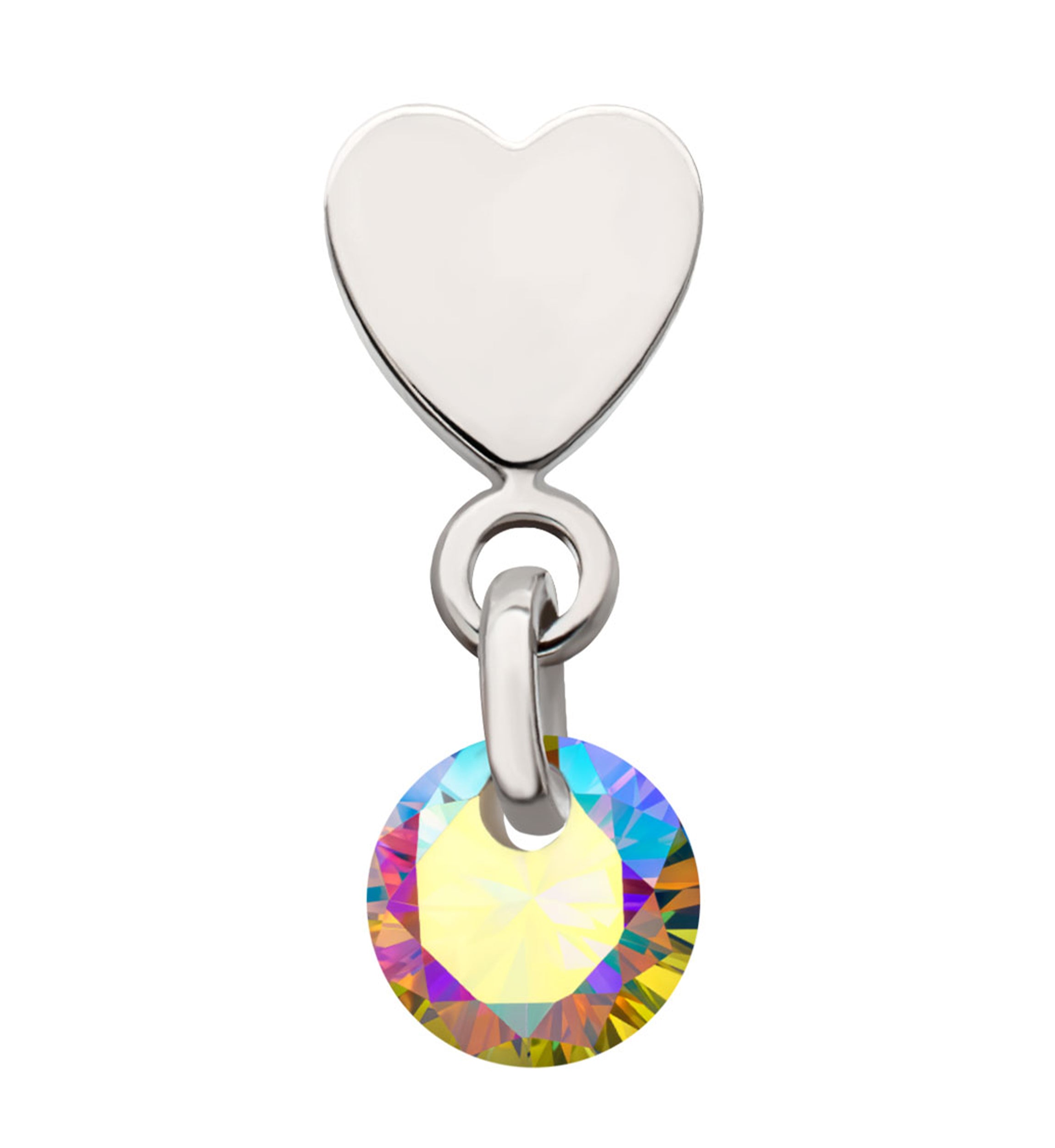 Platinum PVD Heart With Rainbow Aurora CZ Dangle Titanium Threadless Top