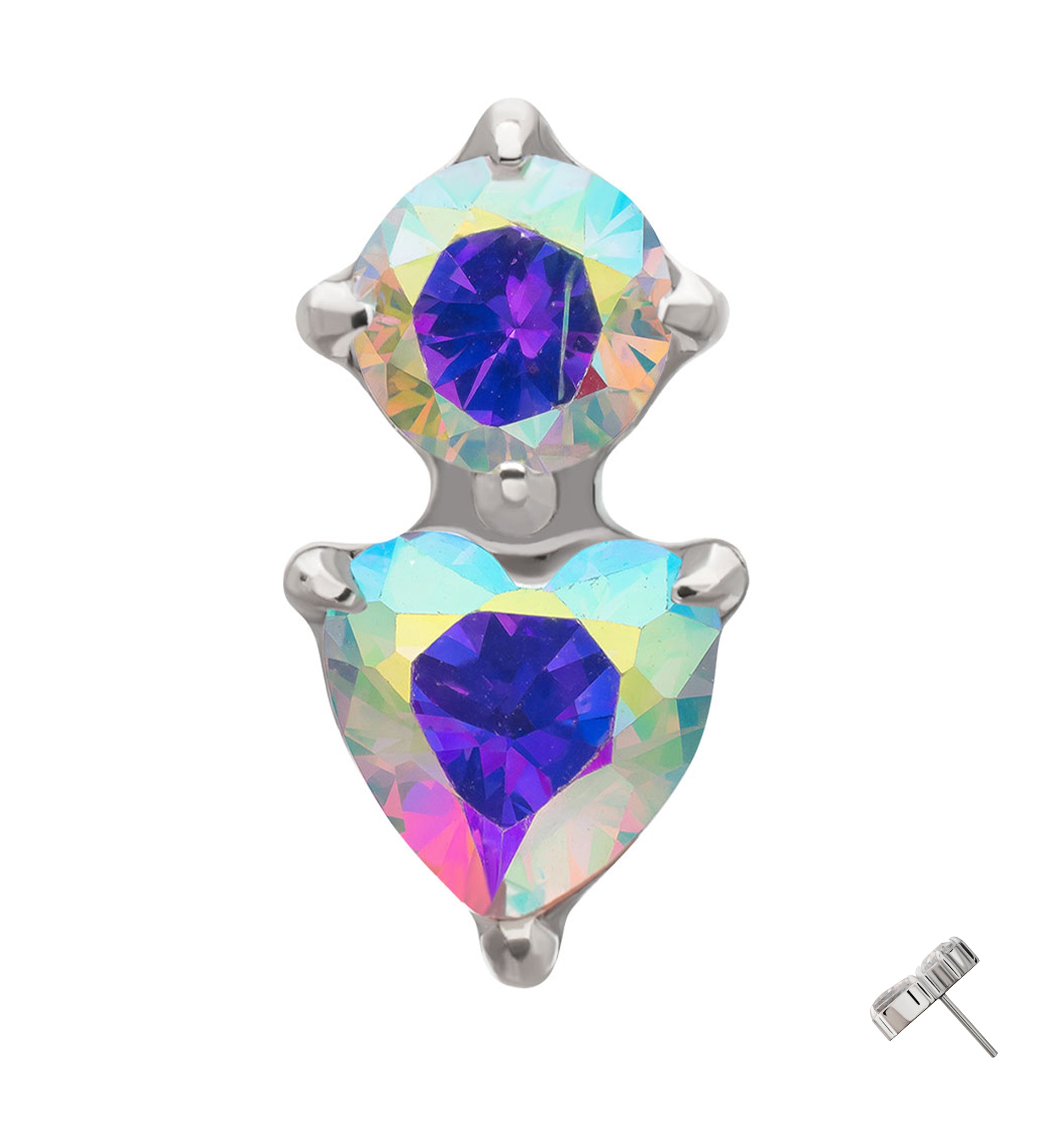 Platinum PVD Round and Heart Rainbow Aurora CZ Titanium Threadless Top