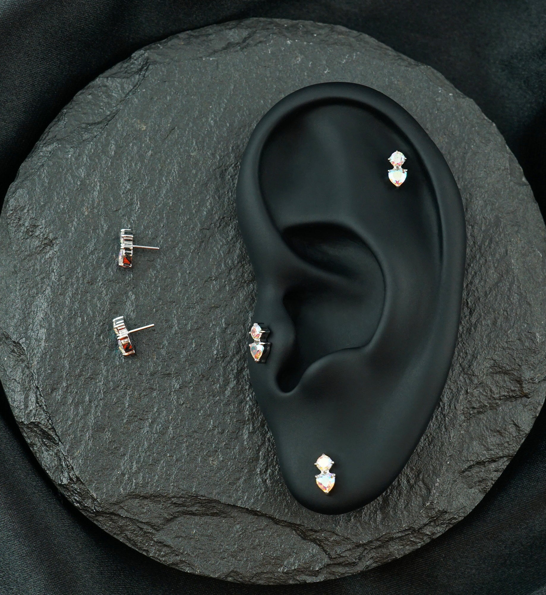 Platinum PVD Round and Heart Rainbow Aurora CZ Titanium Threadless Top