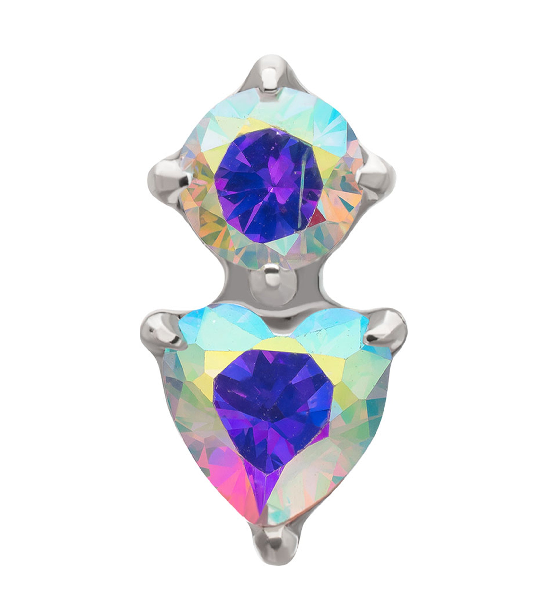 Platinum PVD Round and Heart Rainbow Aurora CZ Titanium Threadless Top