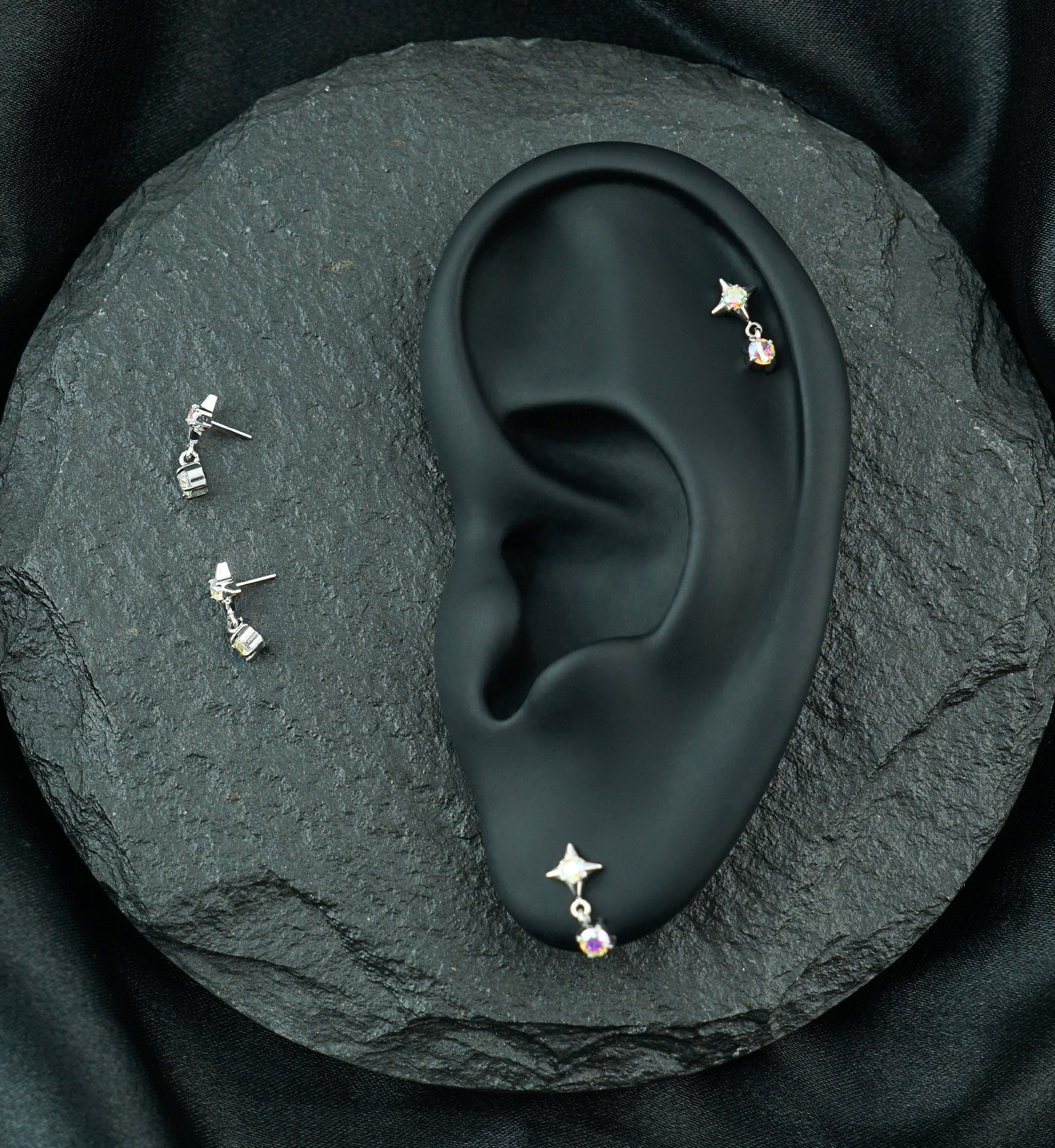 Platinum PVD Starlight Rainbow Aurora CZ Hanging Gem Titanium Threadless Top