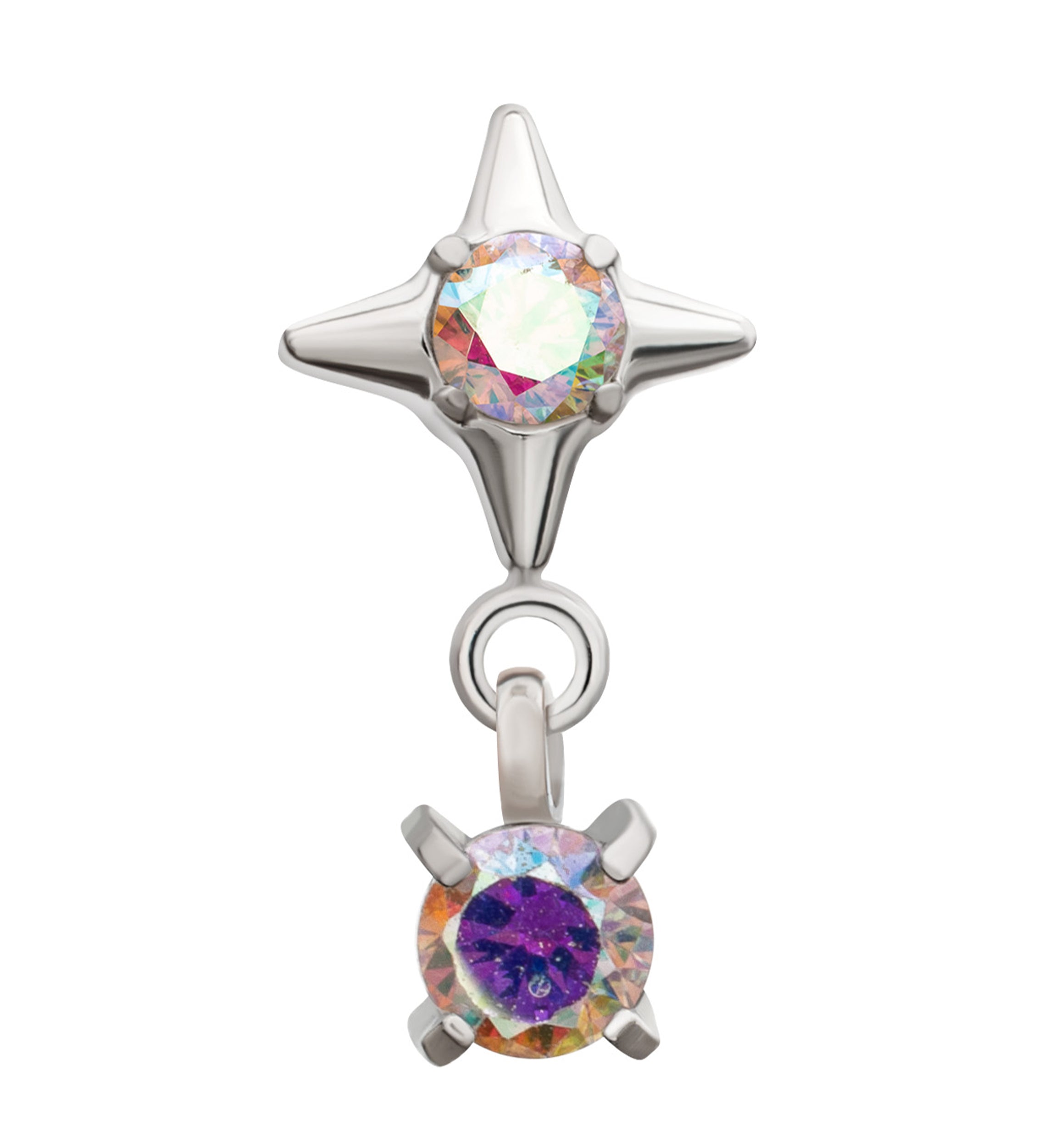 Platinum PVD Starlight Rainbow Aurora CZ Hanging Gem Titanium Threadless Top