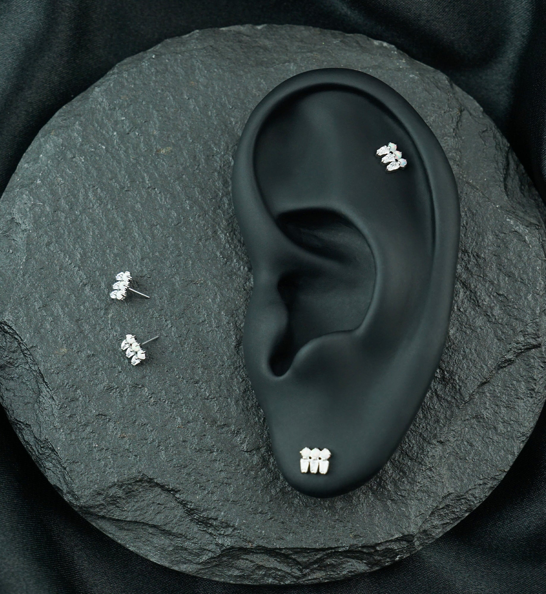 Platinum PVD Triple White Opalite and Clear CZ Cluster Titanium Threadless Top