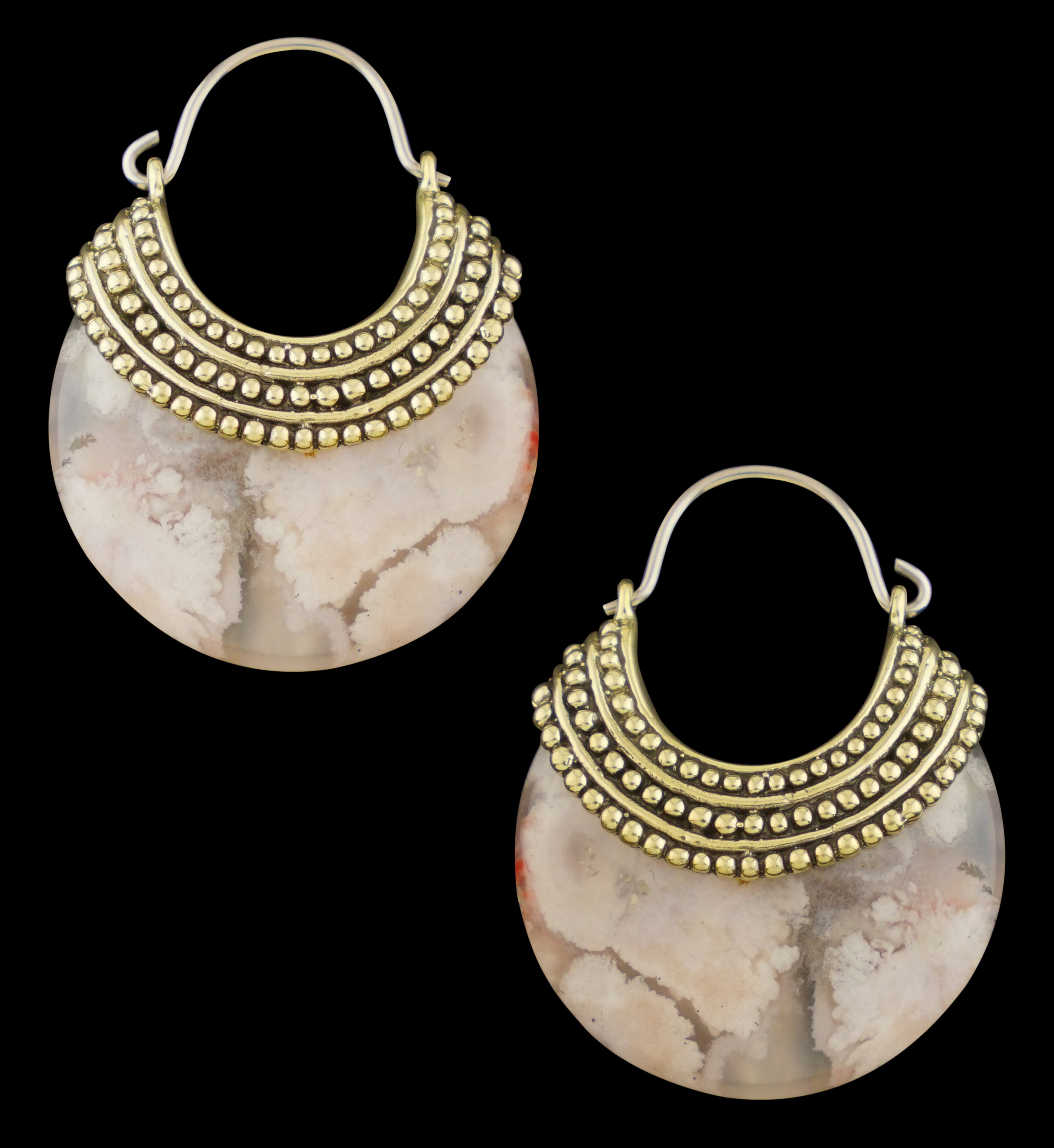 Plume Agate Beaded Brass Stone Earrings