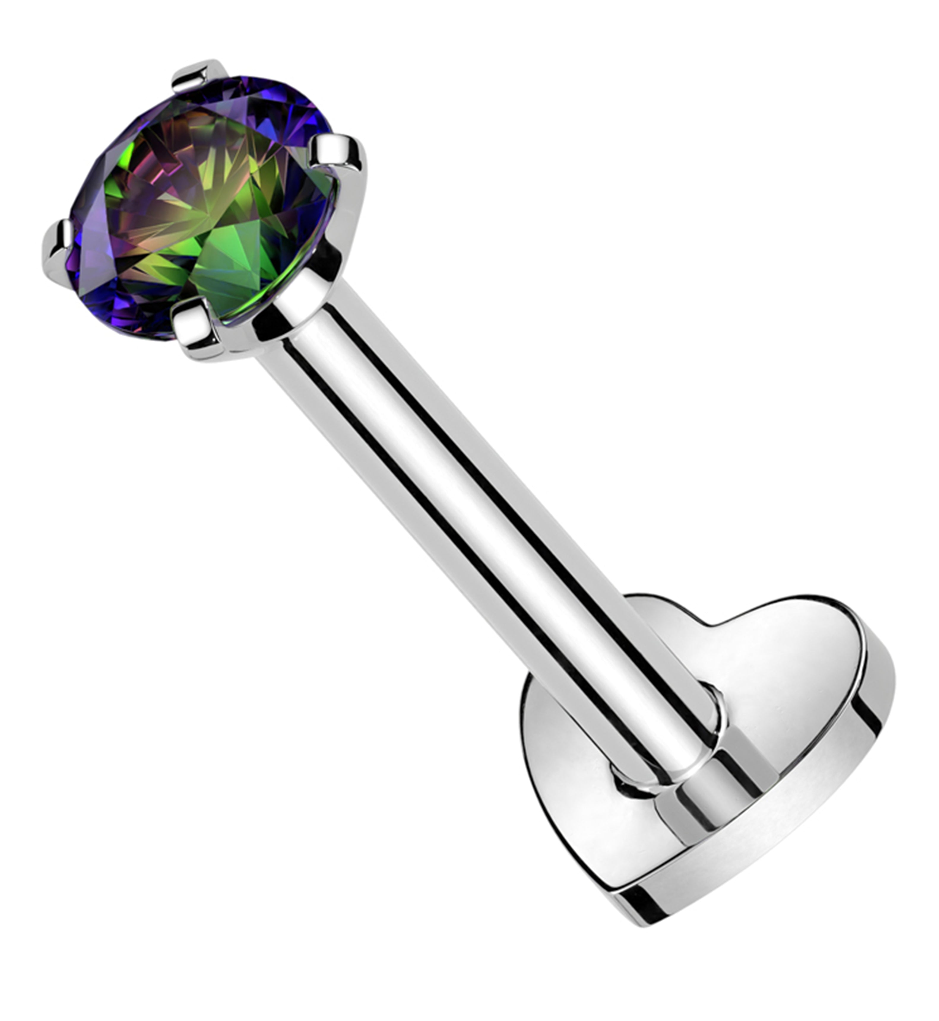 Prong Black Aurora CZ Internally Threaded Titanium Heart Disk Labret