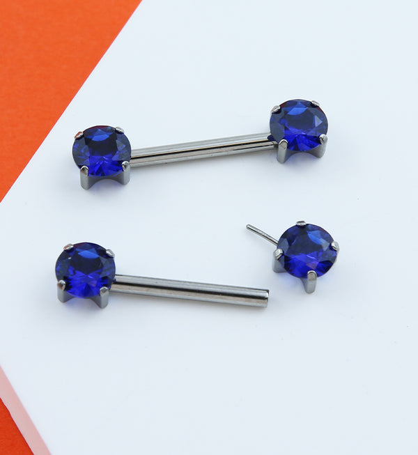 Prong Blue CZ Threadless Titanium Nipple Barbells