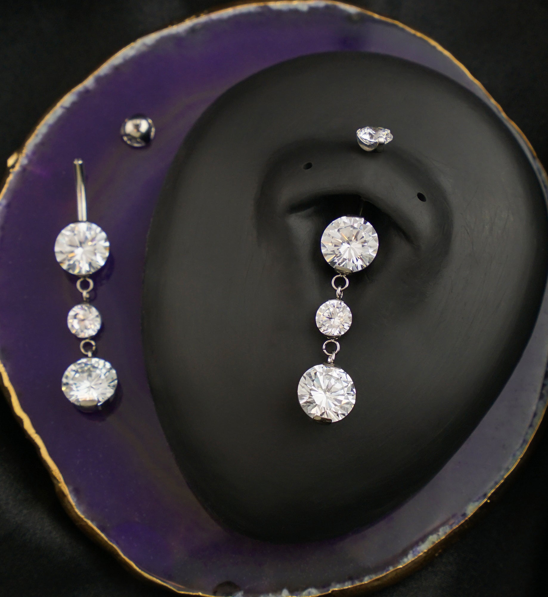 Triple Prong Clear CZ Dangle Titanium Internally Threaded Belly Button Ring