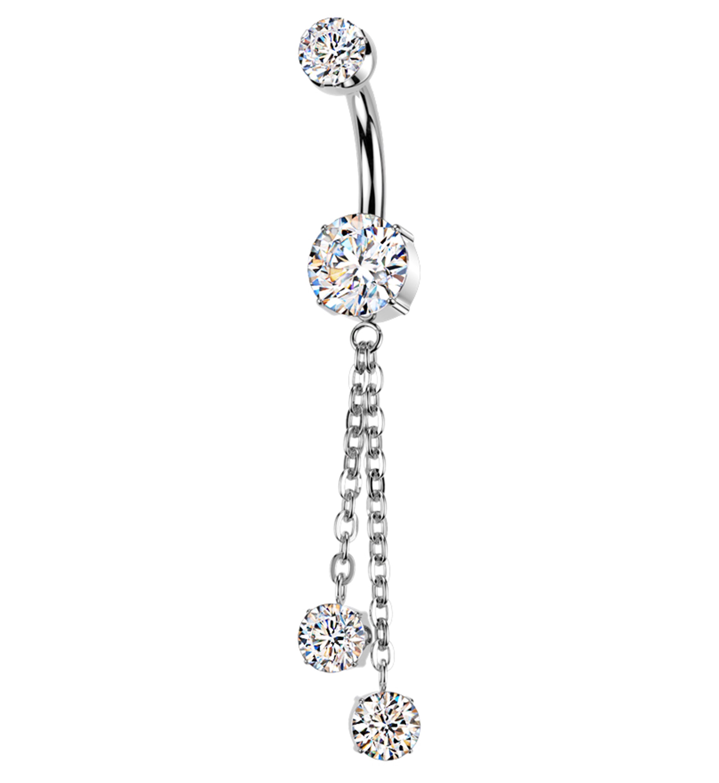 Prong Clear CZ Double Dangle Chain Titanium Internally Threaded Belly Button Ring