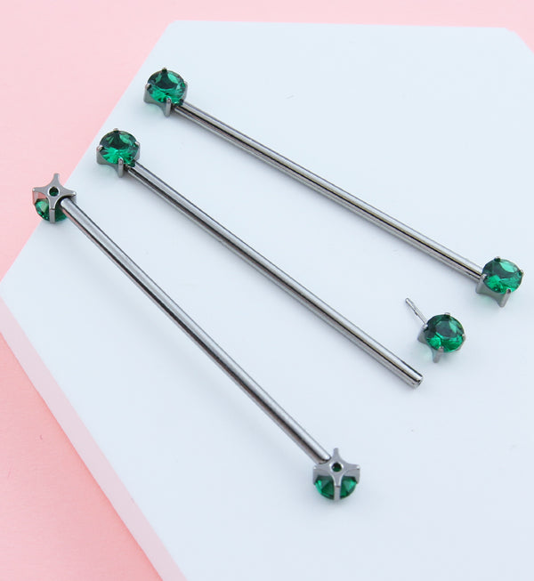 Prong Emerald CZ Threadless Titanium Industrial Barbell