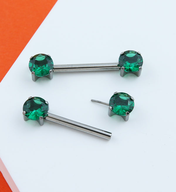 Prong Emerald CZ Threadless Titanium Nipple Barbells