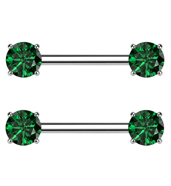 Prong Emerald CZ Threadless Titanium Nipple Barbells