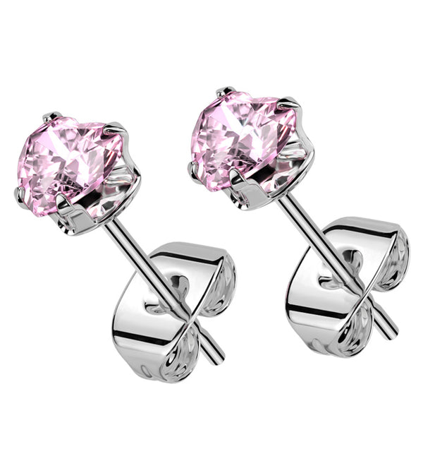 Prong Heart Pink CZ Stainless Steel Stud Earrings