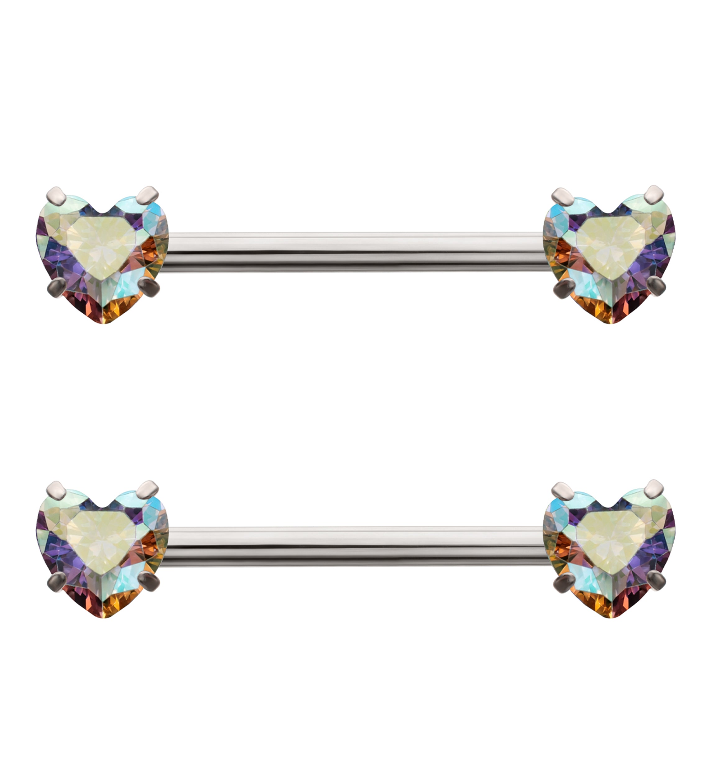 Prong Heart Rainbow Aurora CZ Internally Threaded Titanium Nipple Barbell