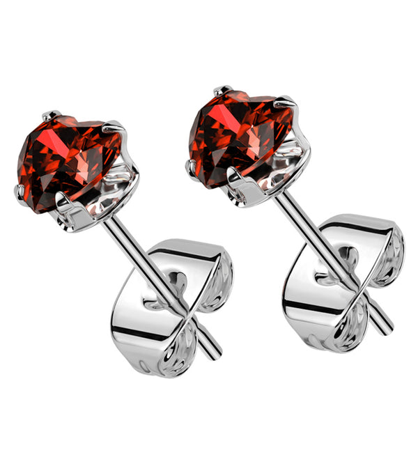 Prong Heart Red CZ Stainless Steel Stud Earrings