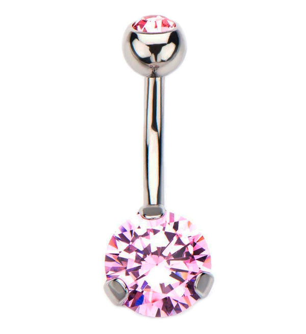 Prong Pink CZ Stainless Steel Belly Button Ring