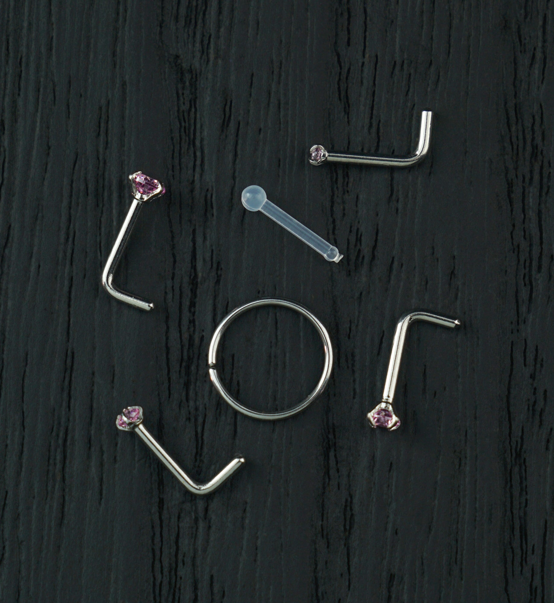 Prong Pink CZ Stainless Steel L Bend/Stud/Hoop Variety Pack (6 Pack)