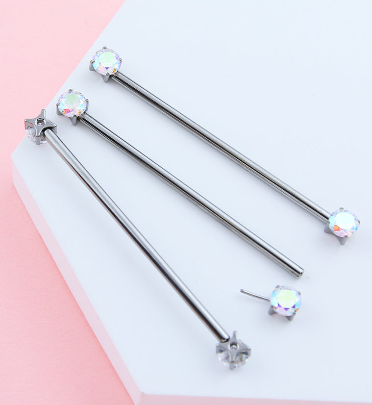 Prong Rainbow Aurora CZ Threadless Titanium Industrial Barbell