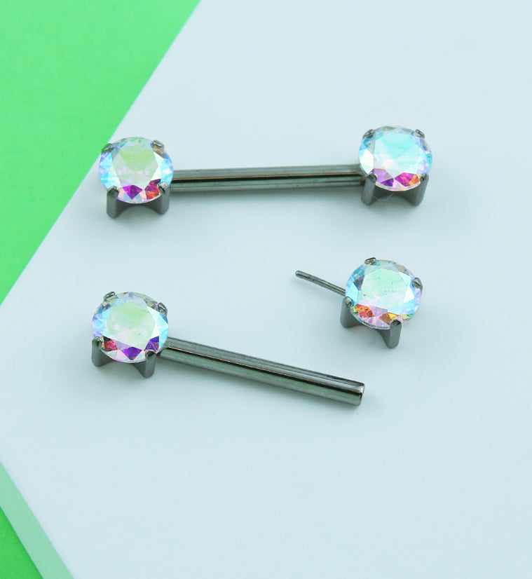Prong Rainbow Aurora CZ Threadless Titanium Nipple Barbells